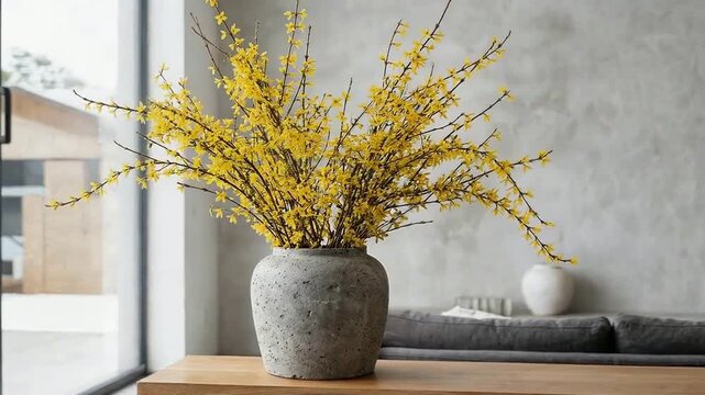 Yellow forsythia flowers in a stone vase standing on a wooden table in a contemporary home