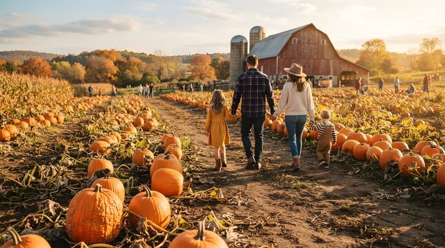 Family walking away through a pumpkin patch towards a rustic red barn in autumn