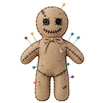 Voodoo Doll with Colorful Pins Isolated on Transparent Background