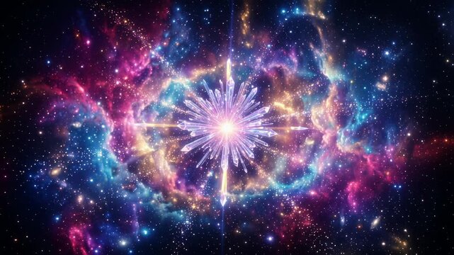 Crystalline structure pulsating and forming inside a vibrant cosmic neon nebula filled with stars