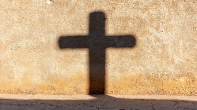 Shadowy cross shape projected onto textured beige wall, showcasing faith and spirituality in a religious setting
