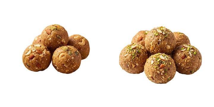 Traditional Indian Laddu Sweets with Nuts Isolated on White Background - Gond Panjiri Atta Ladoo Dessert Balls