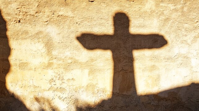 Shadowy cross silhouette cast upon textured beige wall, symbolizing faith, hope, and spirituality in a serene atmosphere