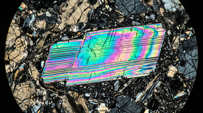 Thin section of a crystal under cross-polarized light showing vibrant interference colors.