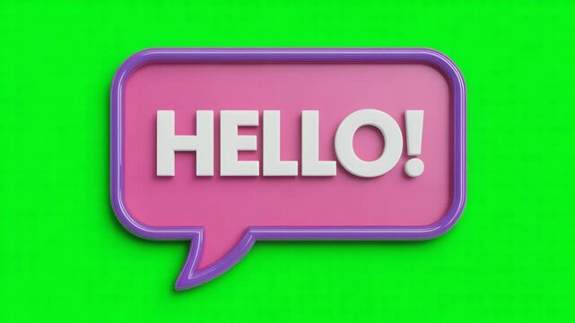 Hello text inside pink chat bubble animation moving across bright green background providing professional motion graphics for digital media projects