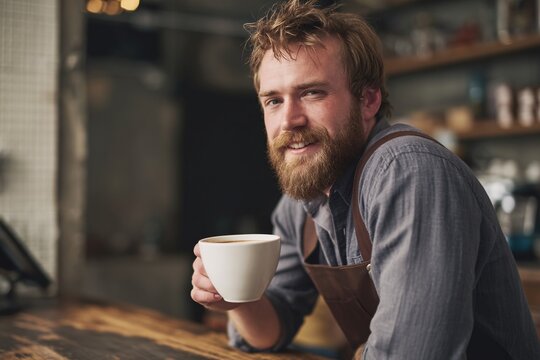 Barista enjoying a brief pause while holding a warm coffee cup and leaning back in a comfortable cafe setting