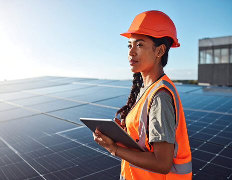 Engineer in protective workwear carrying out service of solar panels with digital tablet on a photovoltaic rooftop plant. Concept of maintenance and setup of solar power station