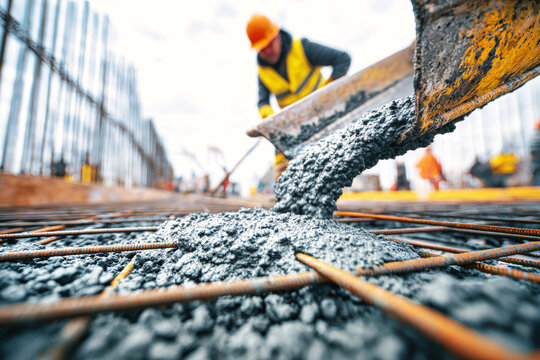 Workers in safety gear pour concrete into a steel structure at a