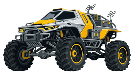 Fototapeta premium Low-angle hero shot of a futuristic yellow and grey off-road monster truck vector illustration featuring oversized knobby tires, heavy-duty suspension, and expedition cargo gear.