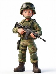 Obraz premium Cartoon soldier in camouflage uniform stands armed with rifle on white background. Ready for duty, this cute character is a brave fighter prepared for any mission or task.