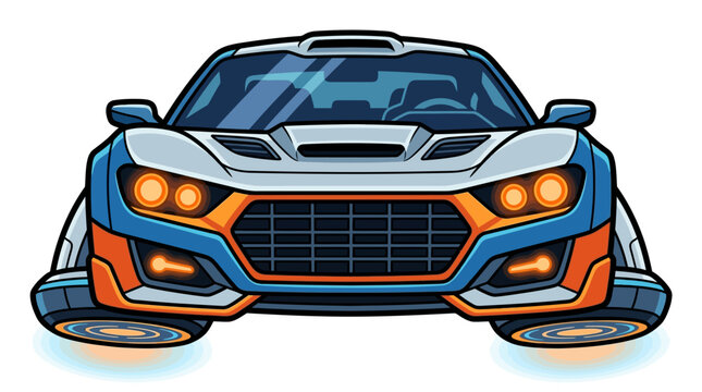 Futuristic flying sports car vector graphic in front view featuring a sleek aerodynamic body with blue, white, and orange accents, glowing orange headlights, and hover propulsion pads.