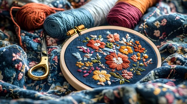 Embroidery Hoop with Floral Design and Yarn