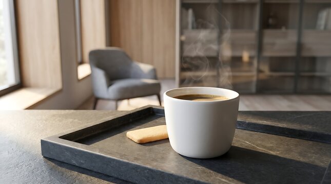 A warm cup of green matcha tea with a small cookie on a dark tray in a modern cozy living room setting. kaffe pause