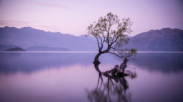 Lone willow tree reflecting in still lake water at dusk with purple mountain silhouette