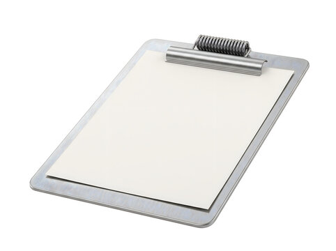 Silver metal clipboard with blank white paper sheet for business notes and office documents