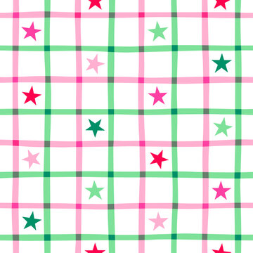 Hand drawn pink and green plaid pattern with star design for Christmas and new year celebration. 