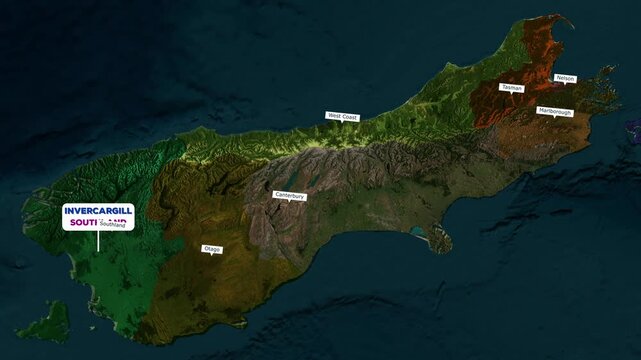 New Zealand map zoom animation with regions distance line and island labels