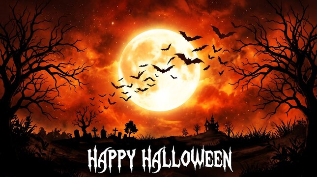 Spooky Halloween banner featuring glowing full moon, flying bats silhouetted against a fiery red sky, bare trees, jack-o'-lanterns, graveyard crosses, and bold white Happy Halloween text.