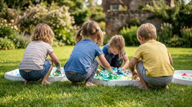 Four young children engage in messy sensory play with colored foam in white trays on a vibrant green lawn, capturing the playful spirit of outdoor kindergarten activities
