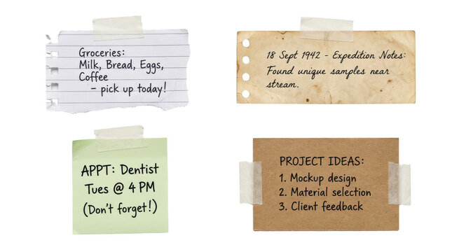 Vintage sticky notes set with handwritten text, torn paper reminders and memo lists, aged paper textures for office design and creative projects isolated on Transparent Background