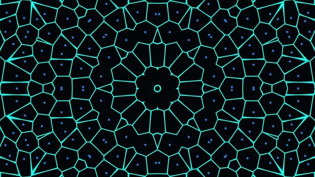 Teal Geometric Network Loop with Glowing Blue Particles