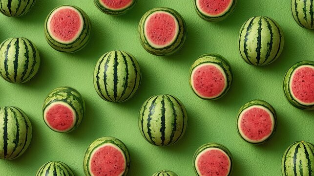 Sliced watermelons arranged in a pattern against a vibrant green background, presenting a refreshing summertime concept for healthy eating