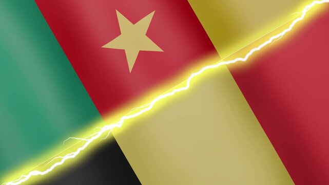 Two waving flags Cameroon and Belgium with diagonal lightning seamless, 4k loop