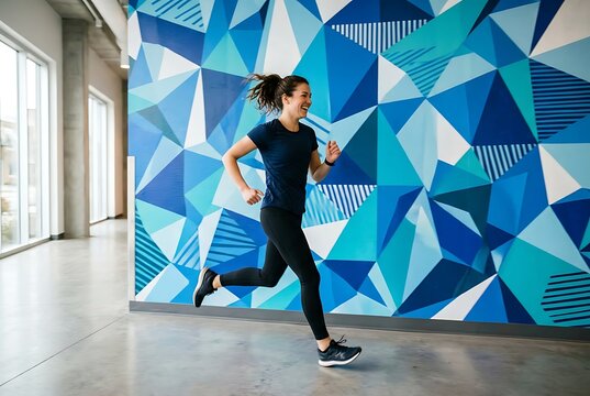 A woman in athletic wear runs alongside a vibrant blue geometric mural.