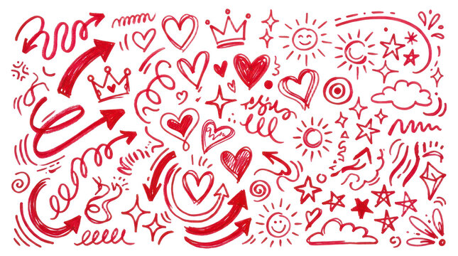 Hand drawn red doodle elements set, sketch arrows and hearts vector illustration collection isolated on Transparent Background
