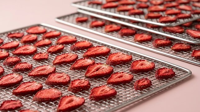 Dried strawberry slices on dehydrator trays for healthy snacks
