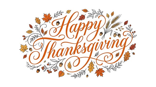 Happy thanksgiving text with autumn foliage isolated on white background