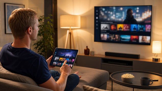 Man browsing streaming service on tablet in living room. Male relaxing on couch and choosing movie on smart TV app. Home entertainment and leisure concept