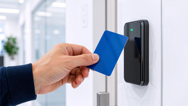 Hand holding blue keycard to electronic reader. Person unlocking office door with blank smart card. Modern security and access control concept. Copy space for text