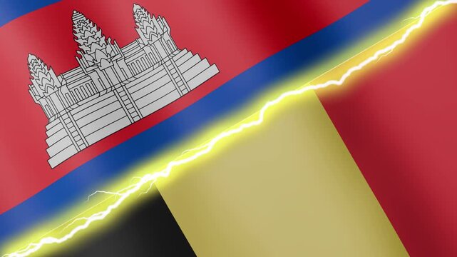 Two waving flags Cambodia and Belgium with diagonal lightning seamless, 4k loop