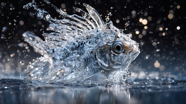 A small freshwater fish abruptly leaps from the dark water, creating dynamic splashes, capturing aquatic motion perfectly