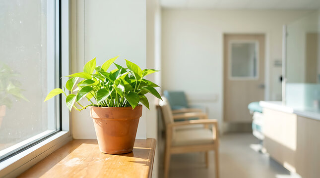 A small green potted plant sits on a bright window sill inside a medical facility