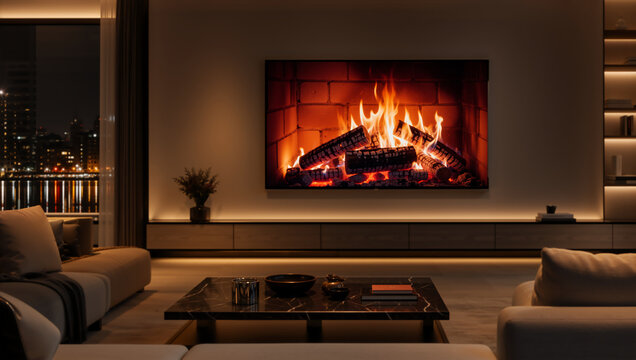 Modern living room interior at night with virtual fireplace on tv screen. Cozy luxury apartment with warm ambient lighting and dark marble coffee table. Home entertainment and relaxation concept