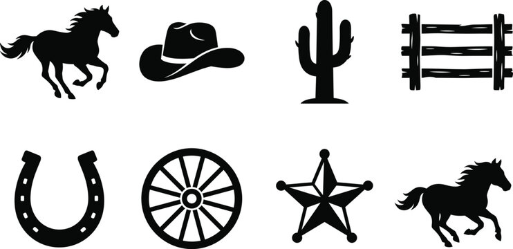 Western cowboy theme silhouette icon collection featuring galloping horse, horseshoe, cactus, and wagon wheel.