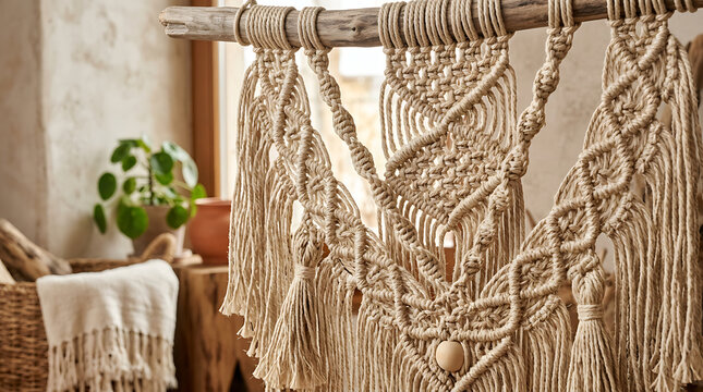 Macrame wall hanging with intricate knot patterns suspended from a driftwood branch in a bright rustic room