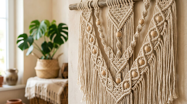 Intricate macrame wall hanging with wooden beads displayed on a beige wall in a sunny room