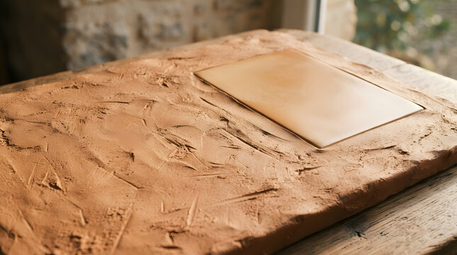 Clay tablet on textured surface with natural light in rustic setting