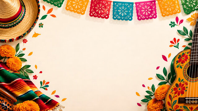Festive mexican background featuring vibrant decorations colorful papel picado banners straw sombrero guitar and orange marigold flowers arranged beautifully on a soft neutral textured surface