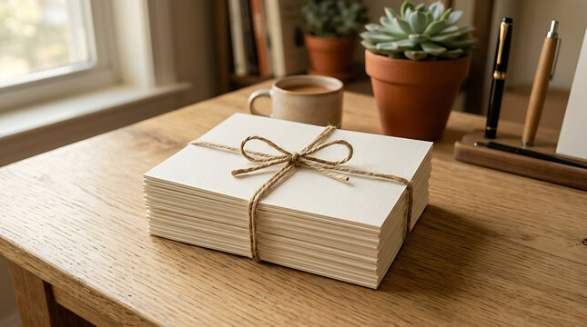 Stack of blank note cards tied with rustic twine on a wooden desk