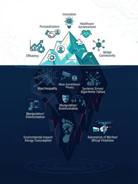 This visual highlights AIs benefits and risks, including healthcare advances and ethical concerns.