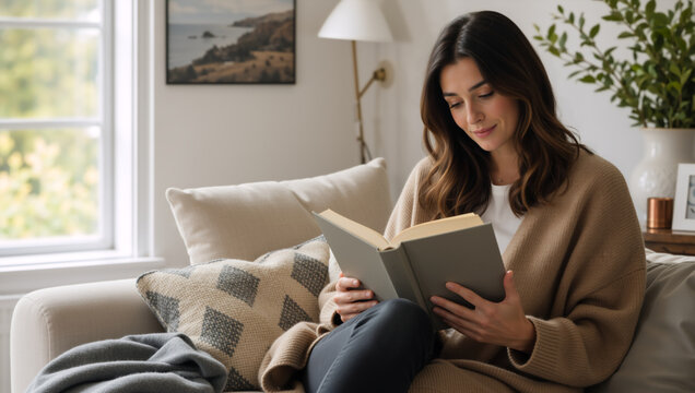 Young woman reading a book on a comfortable sofa. Happy female relaxing at home in a cozy living room. Leisure and education concept