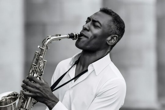 African american musician playing saxophone with eyes closed