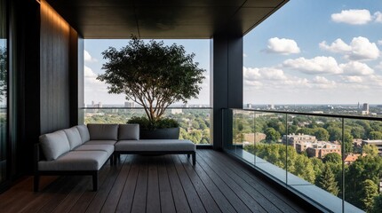 Obraz premium Modern balcony with city view. Outdoor sofa and tree on terrace. Sleek furniture, glass railing, dark wood floor. Luxury apartment living space.