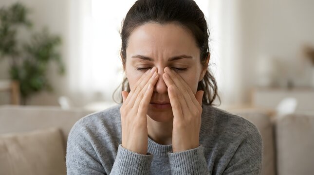 Woman Pressing Fingers Beside Nose and Beneath Eyes With Sinus Pressure and Facial Pain