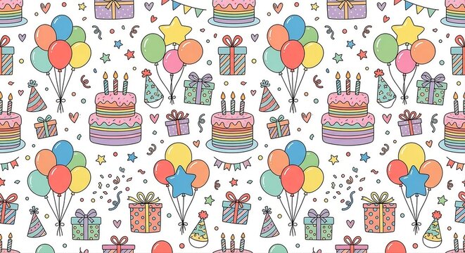 Seamless pattern with cute birthday cake balloons gifts and party hats for kids wallpaper