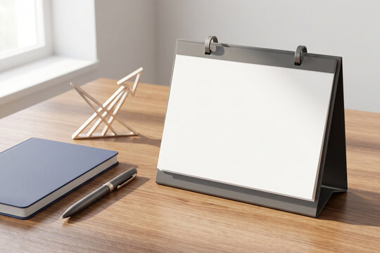 Blank Desk Calendar Mockup on Wooden Office Table with Notebook and Pen, Workspace Planning Concept